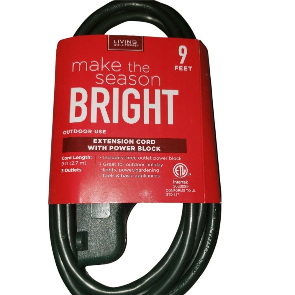 Make the Season Bright Extension Cord With Power Block 9 Feet 3 Outlets Outdoor